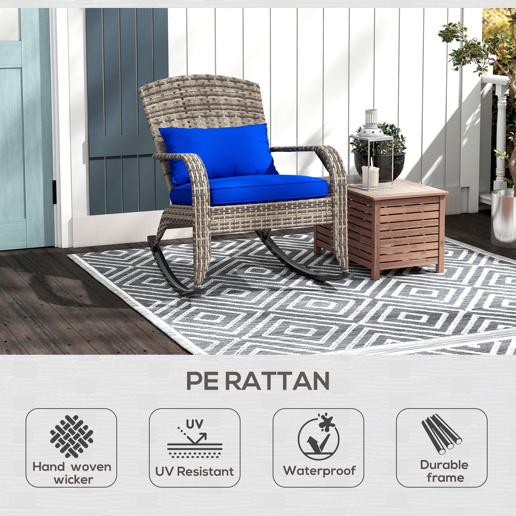 Outsunny Outdoor Wicker Adirondack Rocking Chair Patio Rattan Rocker Chair with High Back Seat Cushion and Pillow for Garden Grey