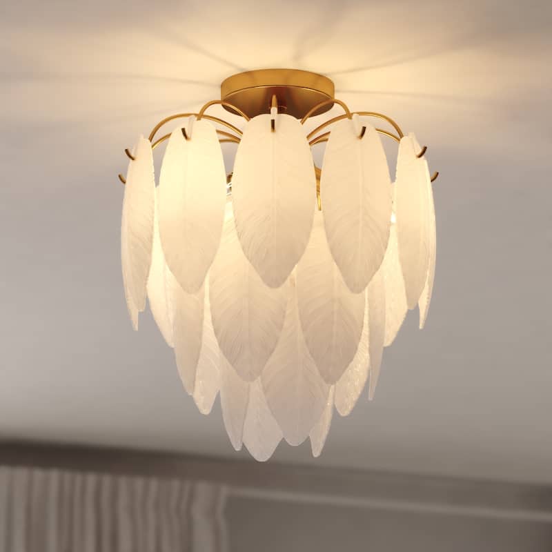 Burbank 4-Light Muted Gold Brass Waterfall Semi Flush Mount Lighting Ceiling Fixture, White Leaf Glass Shade Entryway - Muted Gold - 13.5-in W x 15.75-in H x 13.5-in D