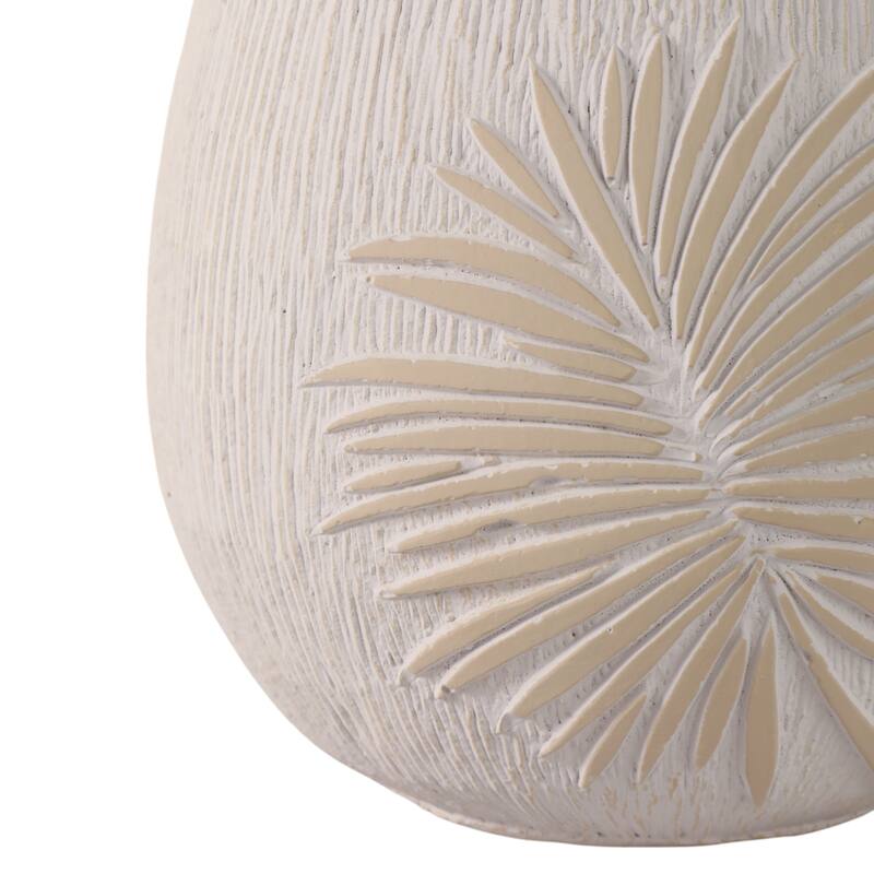 Pottery and Cement Round Planter with Carved Botanical Texture