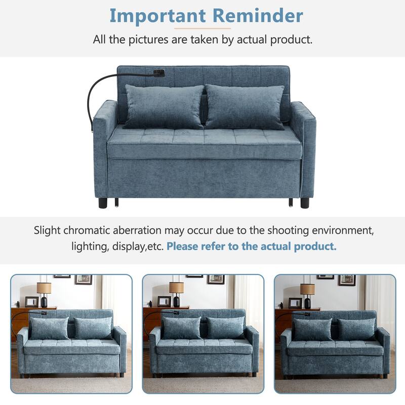 Pull-Out Sofa Bed Sleeper Sofa with A Reversible Backrest Cushion, Side Pockets, Two USB Ports and a Phone Holder