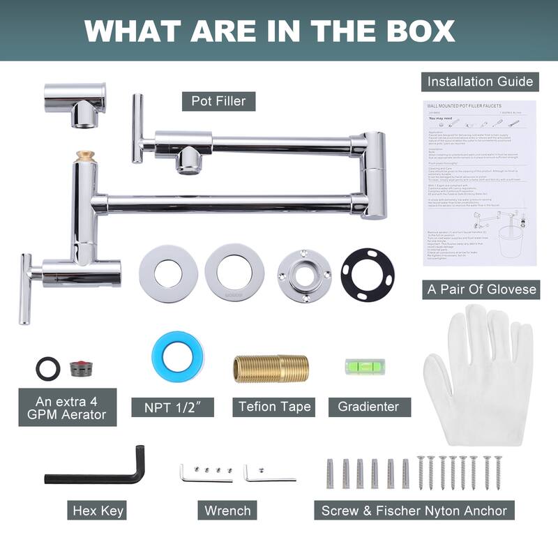 WOWOW Wall Mounted Pot Filler with Control Double Joint Swing Arm