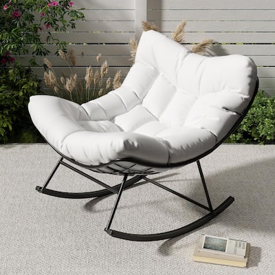 Outdoor Papasan Rocking Chair, Oversized Rocking Chair with Sturdy Metal Frame, Patio Rattan Egg