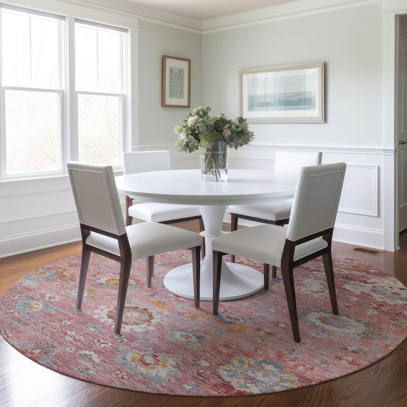 Machine Washable Indoor/ Outdoor Vintage Traditional Chantille Rug - Pink - 8' x 8'