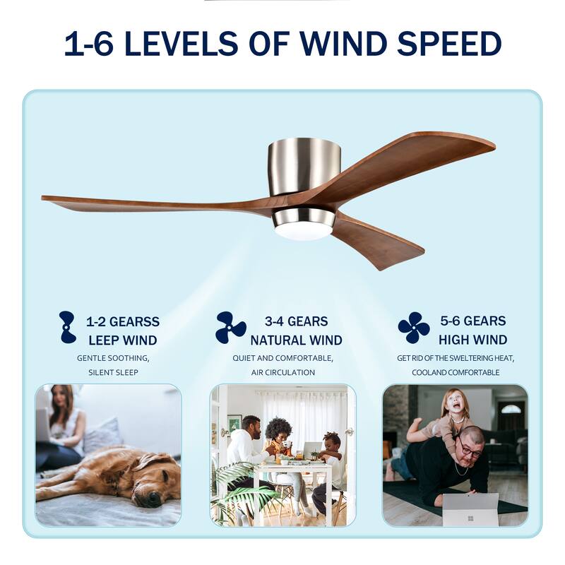 52" Flush Mount Solid Wood Blades Ceiling Fan with Lights Remote Control, Quiet DC Motor, 6 Speed, Reversible Ceiling Fan