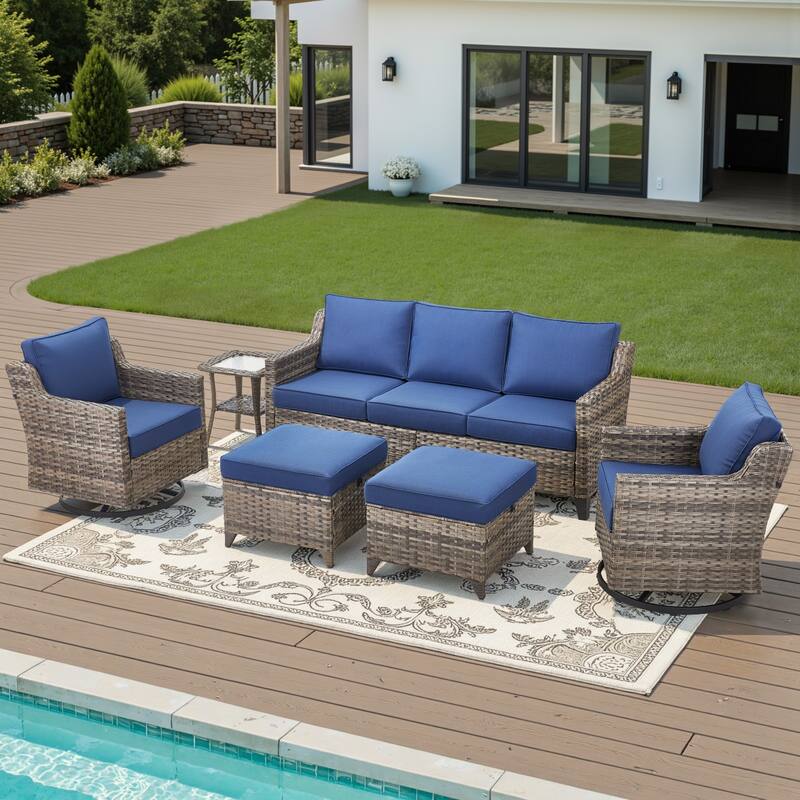 Glissia 6-Piece Gray Wicker Patio Conversation Set with Swivel Gliders and Ottomans