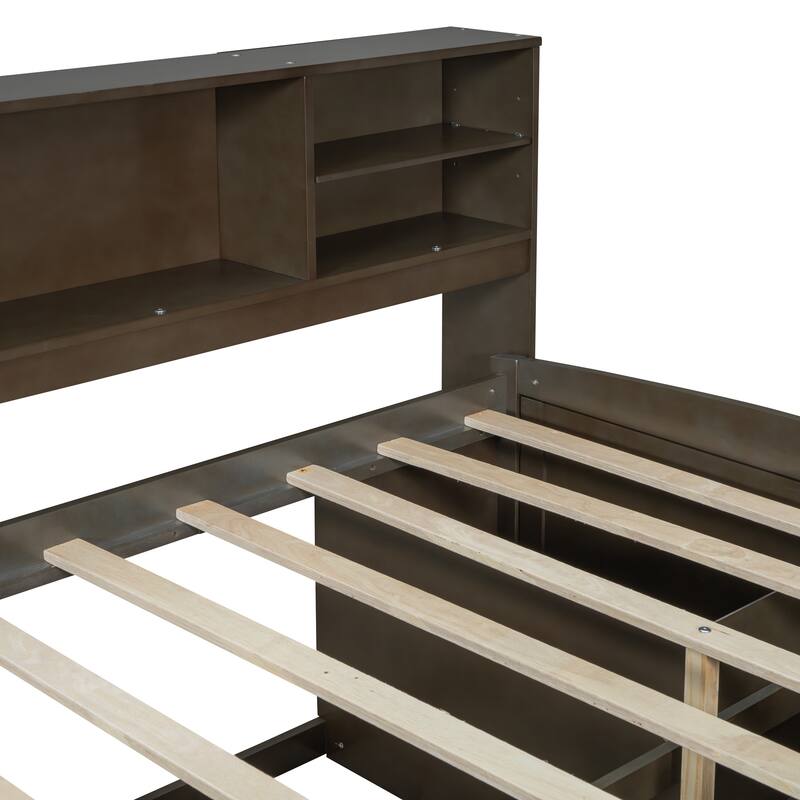 Full Size Wood Daybed with 2 Bedside Cabinets, Upper Shelves and 4 Drawers