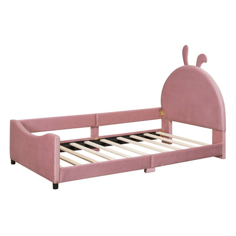 Pink Twin Upholstered Daybed with Rabbit Ear Headboard, Modern Design, Sturdy Pine Frame