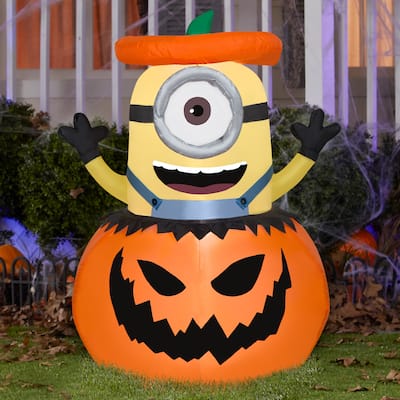 Gemmy Airblown Minion Popping Out Of Pumpkin Universal, 3 ft Tall, Multi