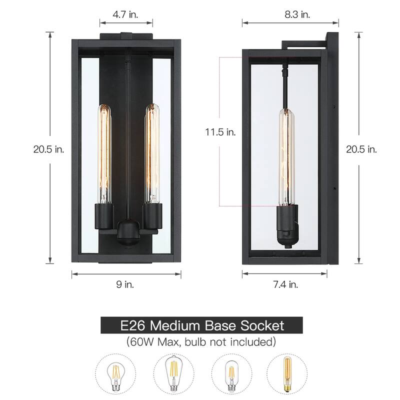 Forti 2-Light Modern Black Outdoor Wall Sconce Lantern Light - 20.5in H