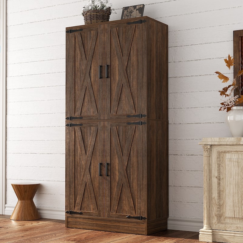 71" Kitchen Pantry with 4 Doors ＆ Large Drawer，Storage Cabinet with 6 Adjustable Shelves for Dining Room Living Room - Weathered Brown