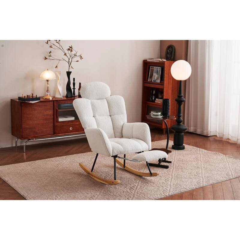 Teddy Fabric Upholstered Nursery Rocking Chair with Pillow & Footrest Modern Accent Armchair Padded Seat with High Backrest