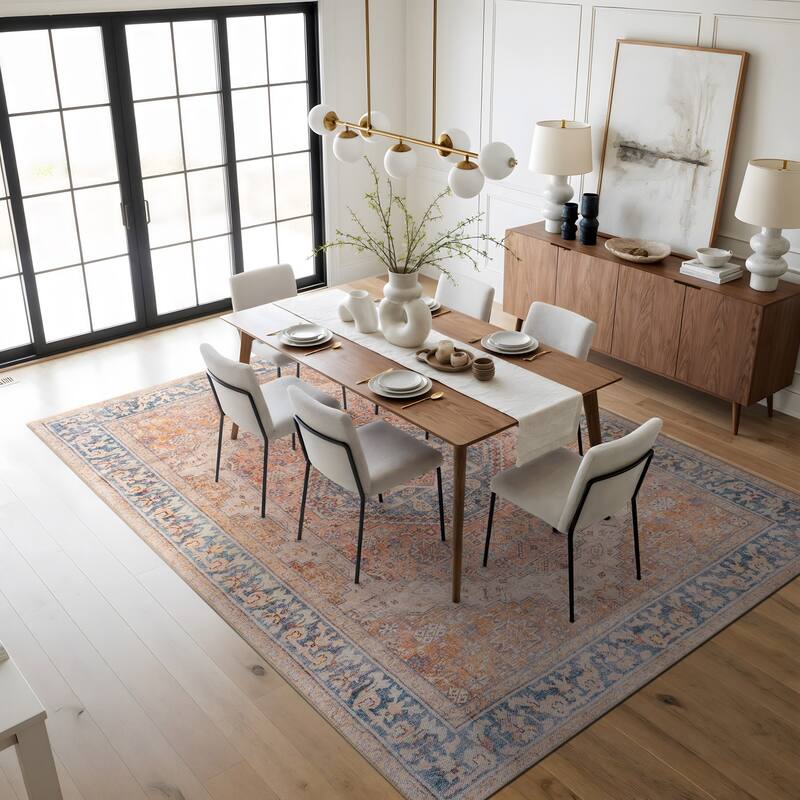 Beige Medallion Flat Pile Washable Rug - Pet Friendly, Non-Slip for Entryway and Bedroom