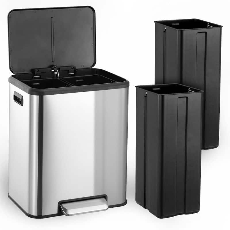 Square Double Compartment Sorting Trash Can 30l (15l+15l), Stainless Steel Kitchen Trash Can With Lid, Foot Pedal, Recycling Bin