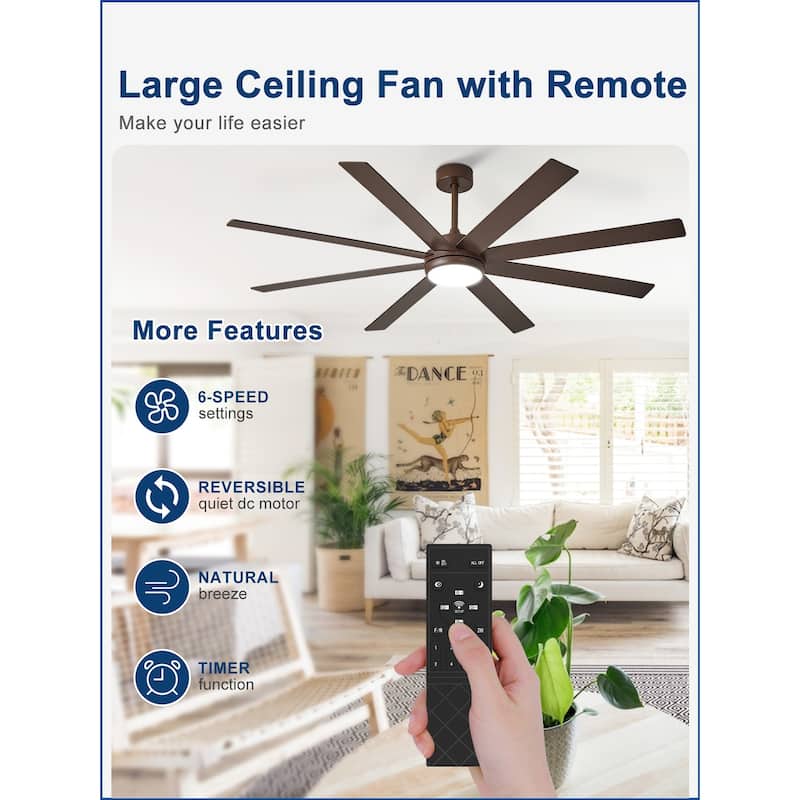 Large Ceiling Fan with Light - 8-Blade, Remote App Control, Dimmable 3CCT, Quiet DC Motor​, 66/72 Inches