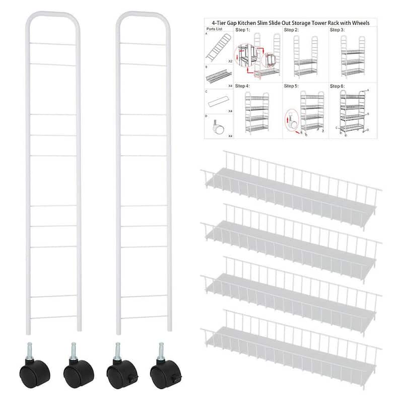 4 Tier Slim Slide Out Storage Rack with Wheels Storage Basket, White