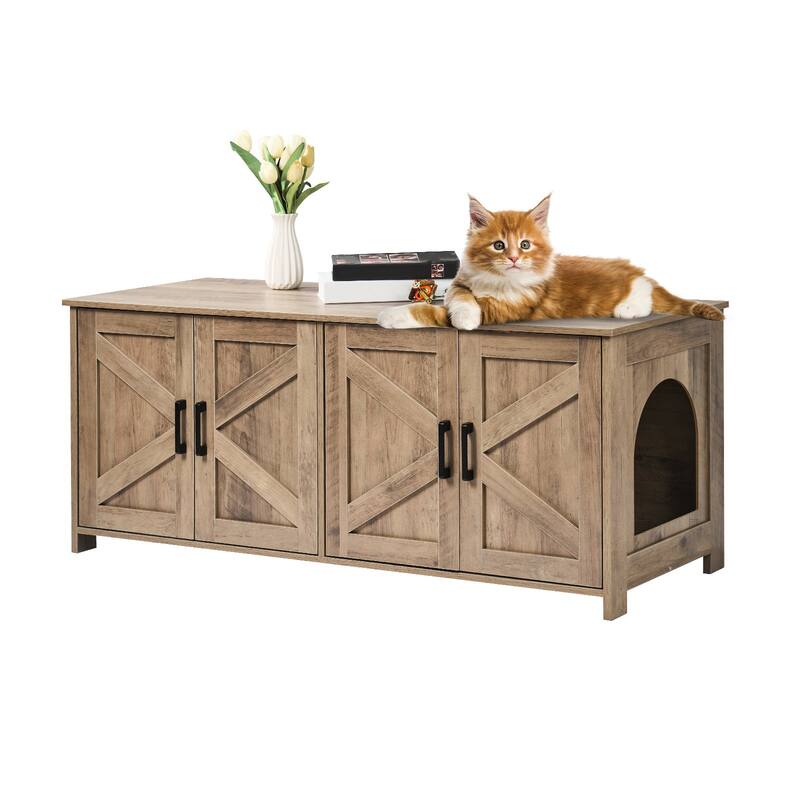 Multi-Functional Cat Litter Box Enclosure Furniture with 2 Windows and 4 Doors