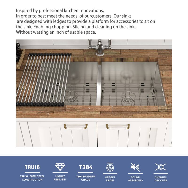 Undermount 16 Gauge Double Bowl Stainless Steel Kitchen Sink in Brushed Nickel - 33'' x 19'' x 9''