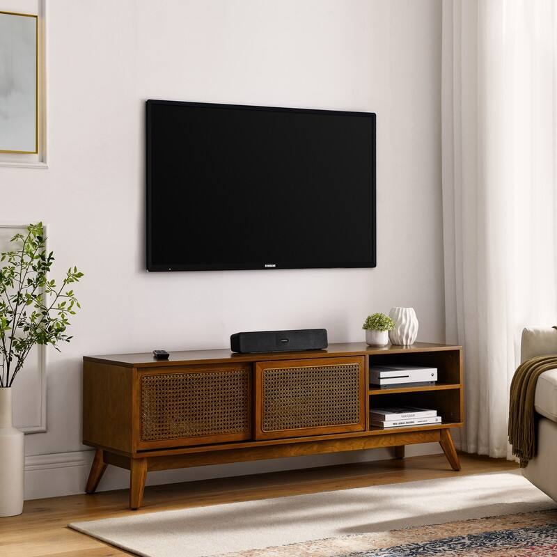 59 Inch Mid Century Modern Rattan TV Stand for 65 Inch TV, Entertainment Cabinet
