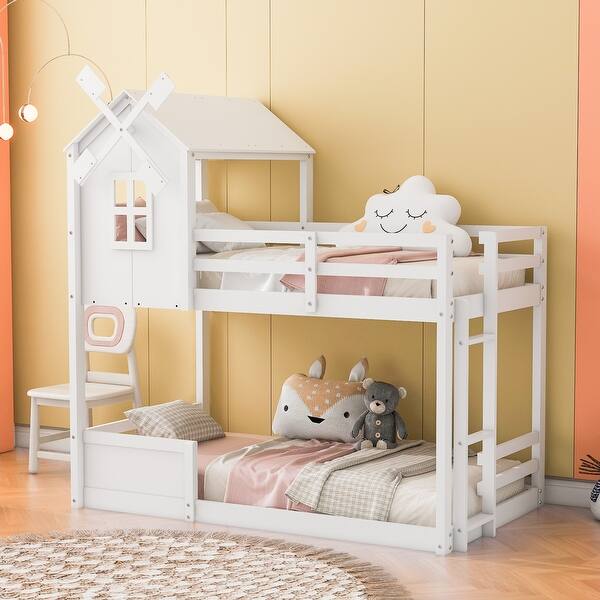 slide 2 of 9, White Twin over Twin Pine Wood Bunk Bed with Lovely Windmill Design, Guardrails, and Ladder, Featuring Roof and Window White