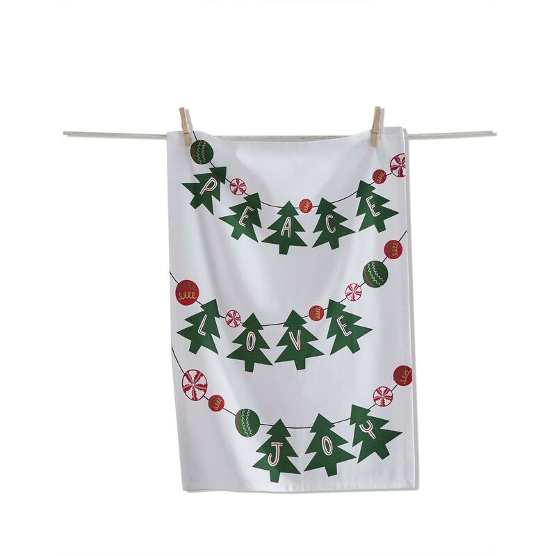 Peace Love Joy Tree Dishtowel - Multicolor Cotton Kitchen Towel for Christmas - Machine Washable, 26" x 18"