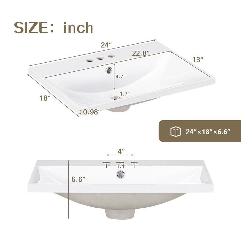 GDFStudio - Ethan Montgomery 24-Inch Single Bathroom Vanity Top with Integrated Ceramic Basin - 24"