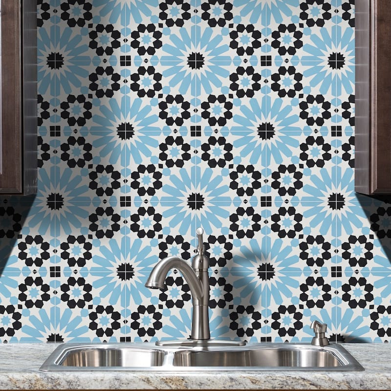 Agdal Handmade Cement Tile, 8x8, Black-Sky Blue