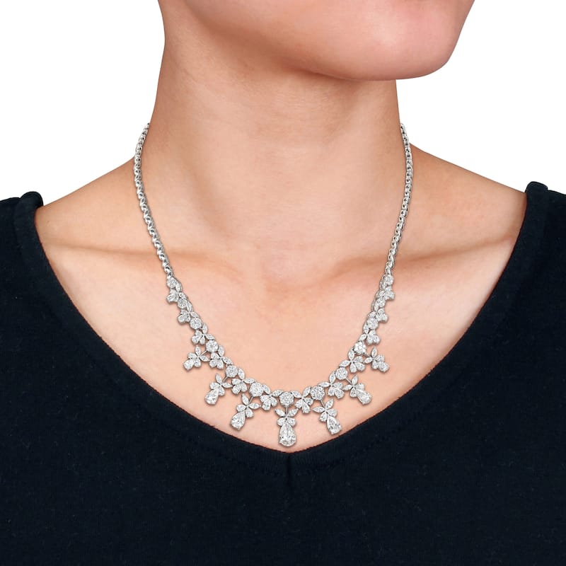 Miadora 15 1/4ct Multi-Shaped Lab-Grown Diamond Graduated Bib-Style Floral Necklace 14k White Gold