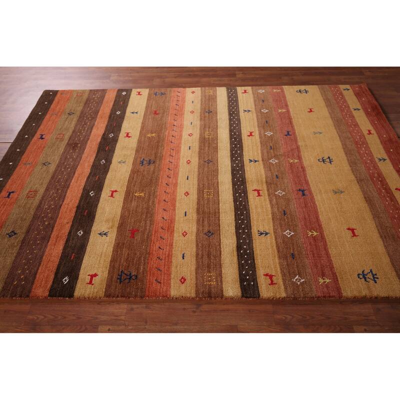 Striped Gabbeh Indian Area Rug Hand-Knotted Wool Carpet - 5'3"x 7'10"