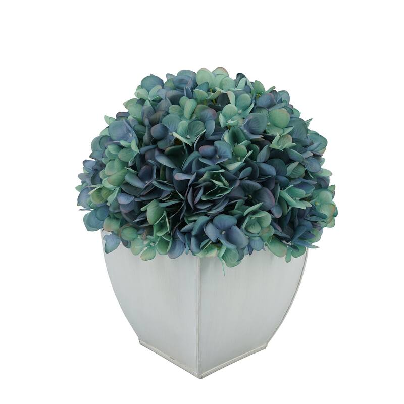 Faux Hydrangea in Cream Tapered Zinc Cube - Antique Aqua