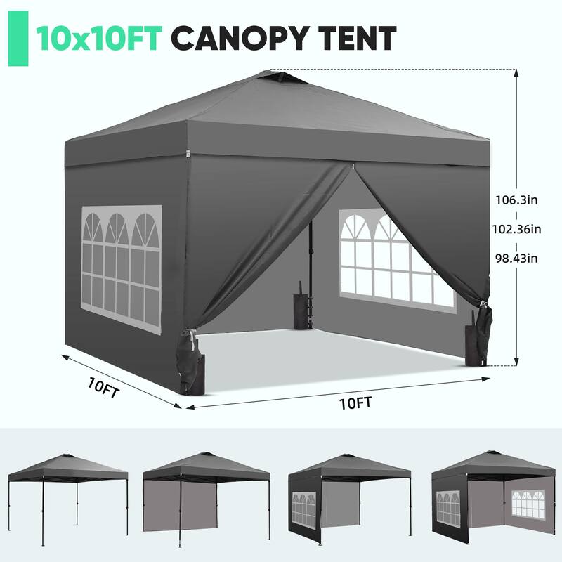 Ainfox 10x10 Pop Up Canopy Tent with 4 Sidewalls, Easy Set up with One Push Lift Outdoor Beach Gazebos with 4 Sandbags