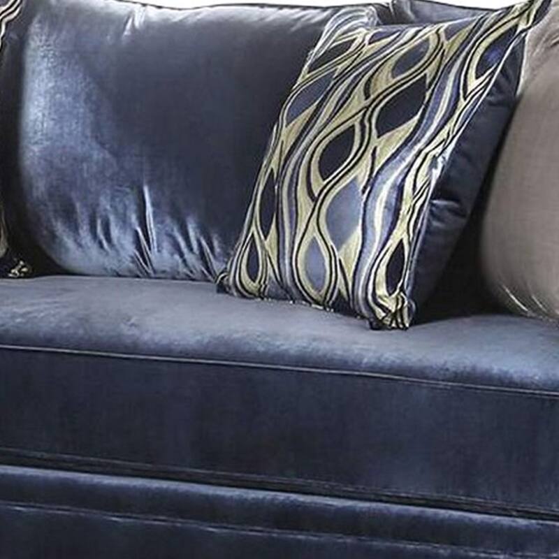 Odie Sofa Loveseat Set, 6 Throw PIllows, Satin Blue Silver Microfiber