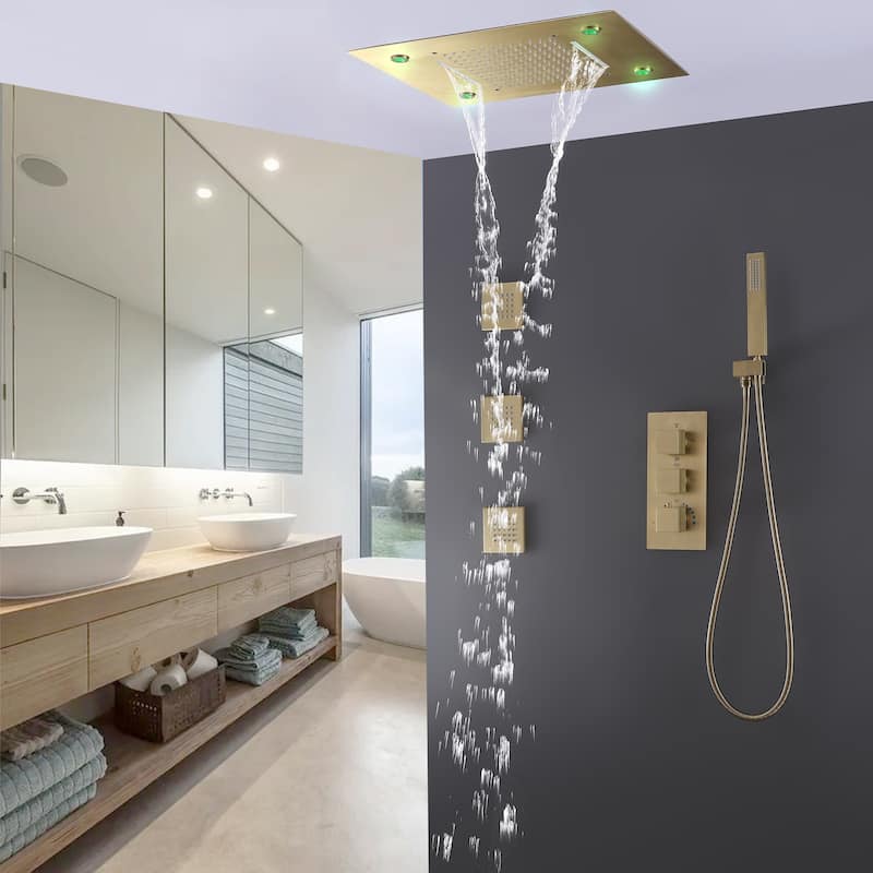 Ceiling LED 4-Way 3-Jet Complete Rain and Waterfall Shower System With Rough-in Valve