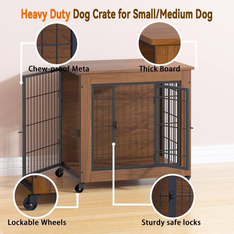 27.2" Dog Crate Furniture with Wheels for Small Dogs, Heavy Duty Dog Kennel Indoor with 2 Doors, Double-Doors Sturdy Dog Cage