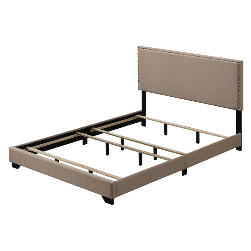 Queen Size Upholstered Panel Bed with Nailhead Trim and Wooden Legs