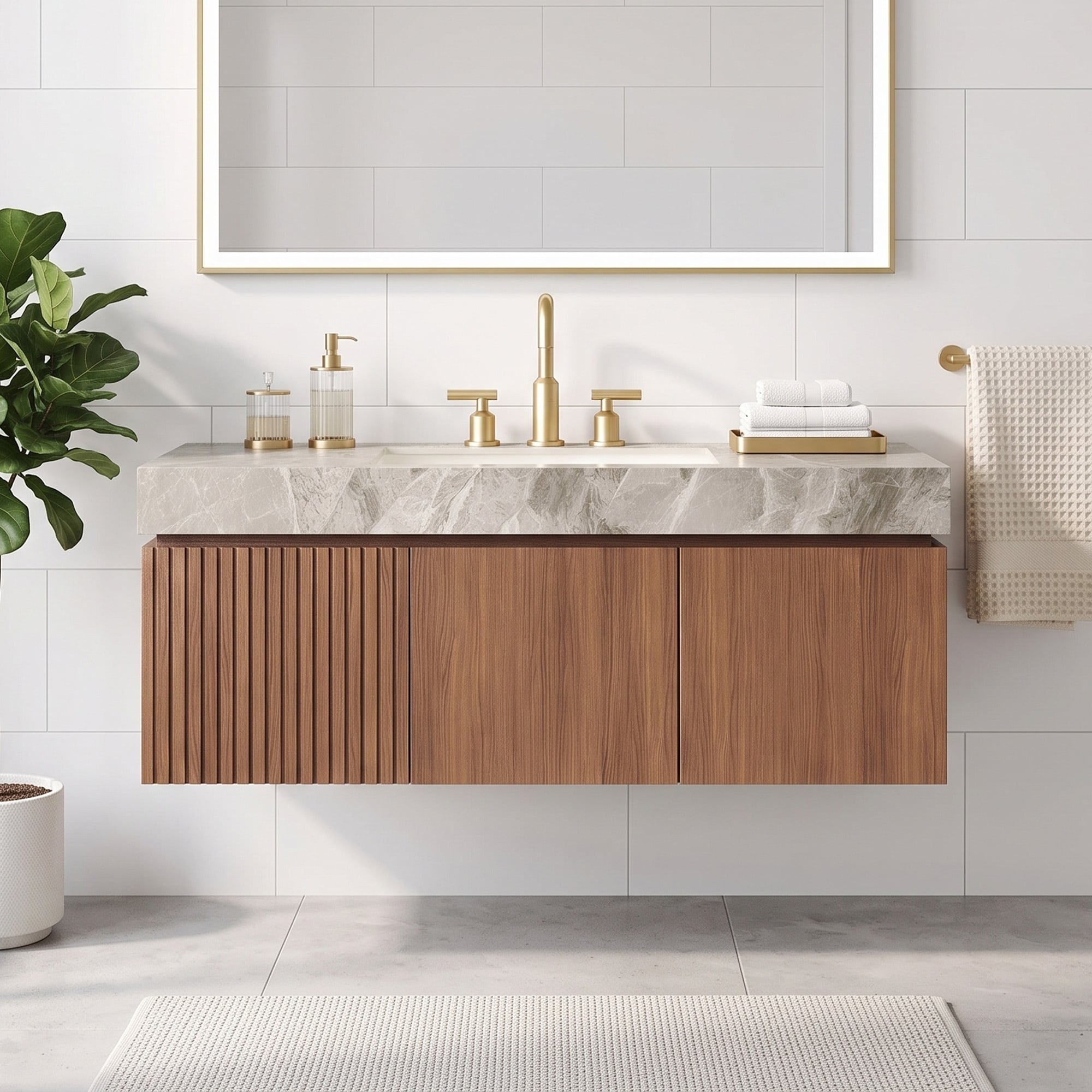 Floating Bathroom Vanity with Light Gray Sintered Stone Top
