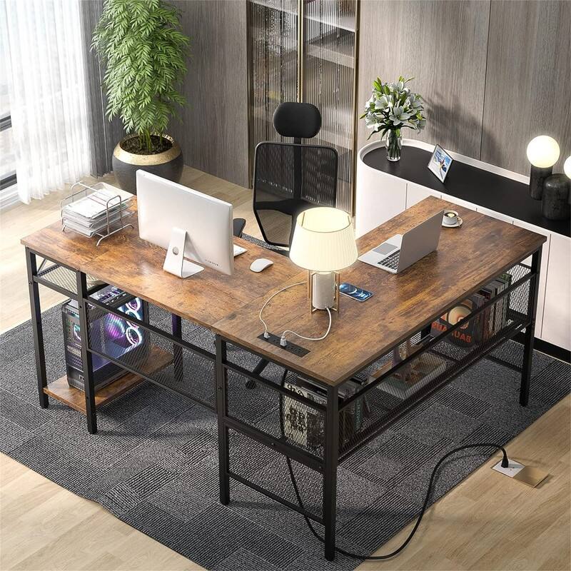 L Shaped Desk with USB Charging Port and Power Outlet