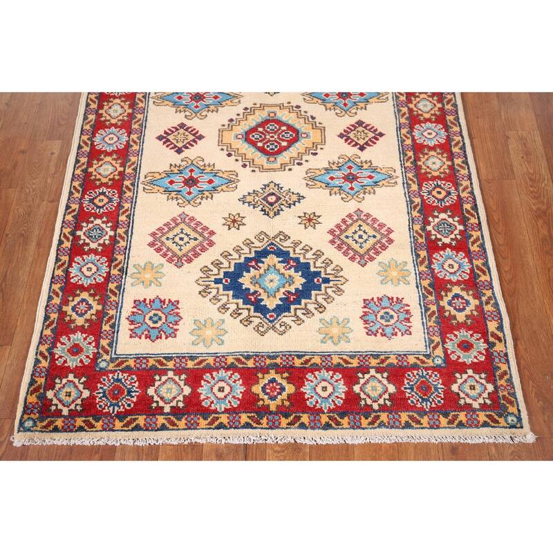 Kazak Oriental Accent Rug Handmade Beige Geometric Wool Carpet - 3'3" x 4'11"