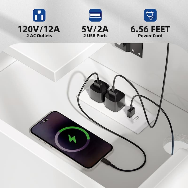 Moasis Lift top Nightstand with Charging Station LED Bedside Table with 2 Drawers