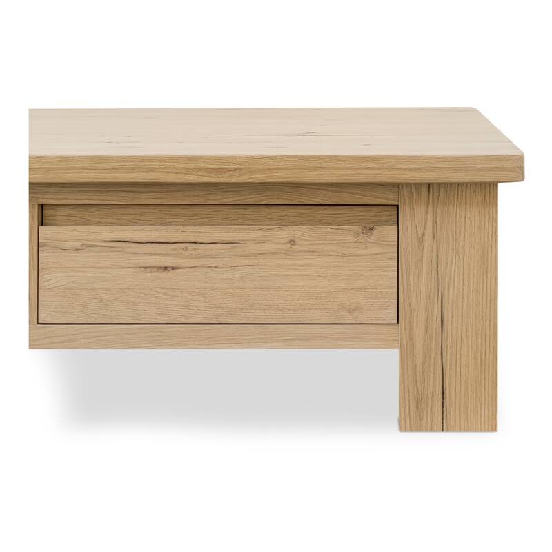 NADAAL STUDIOS Mareth Coffee Table, Rectangular Rustic Oak Top with Rounded Edge, Solid Oak Legs Dual-Sided Drawers, Natural