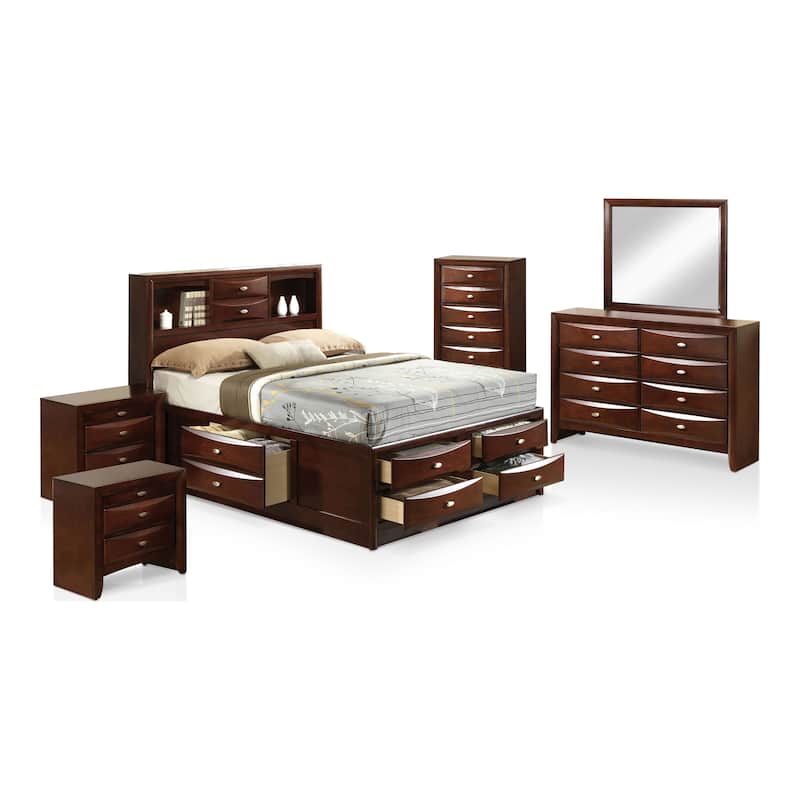 Furniture of America Brent 6-Piece Wood Platform Bedroom Set with Drawers and Bookcase Headboard
