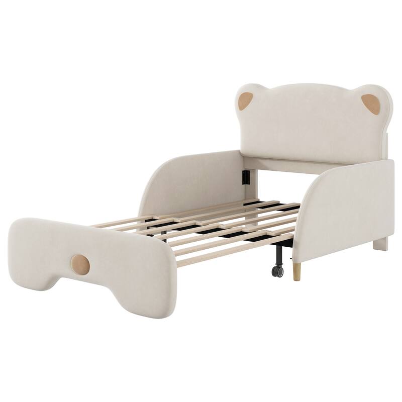 Twin XL Upholstered Sofa Bed with Bear Shaped Headboard, Adjustable & Stretchable Design, Beige Flannel
