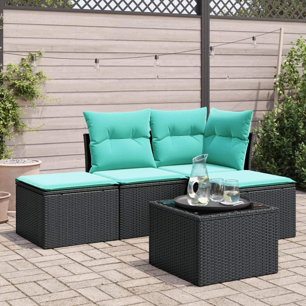 vidaXL 5 Piece Patio Sofa Set with Cushions Black Poly Rattan - 24.4 x 24.4 x 27.2