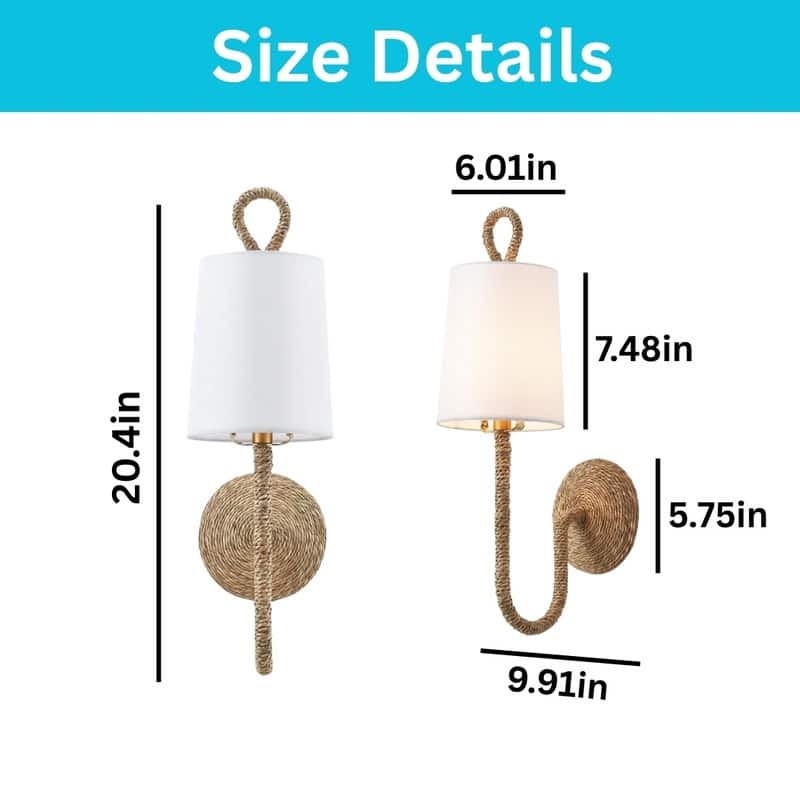 2 Pack wall sconce white wall light fixture fabric, metal, wicker sconce lights