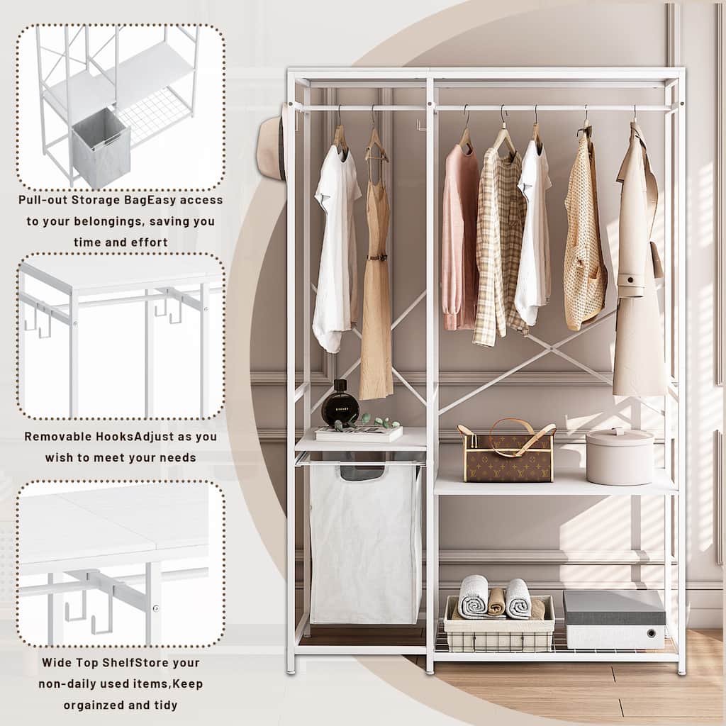 Portable Closet Wardrobe Freestanding Clothing Rack with Storage Bag, Shelves & Hanging Rods for Cloakrooms Bedrooms, White
