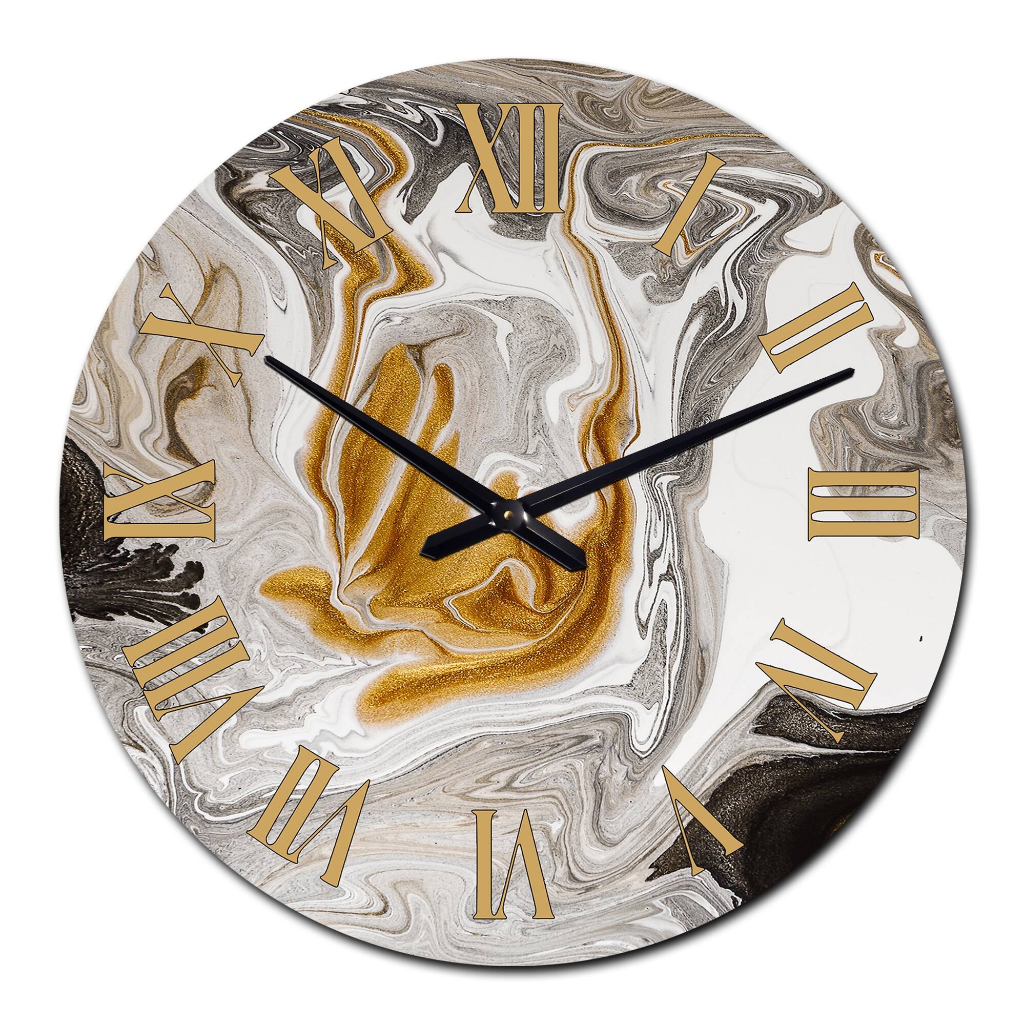 Designart 'Gold And Black Marble Waves V' Modern wall clock Bed Bath