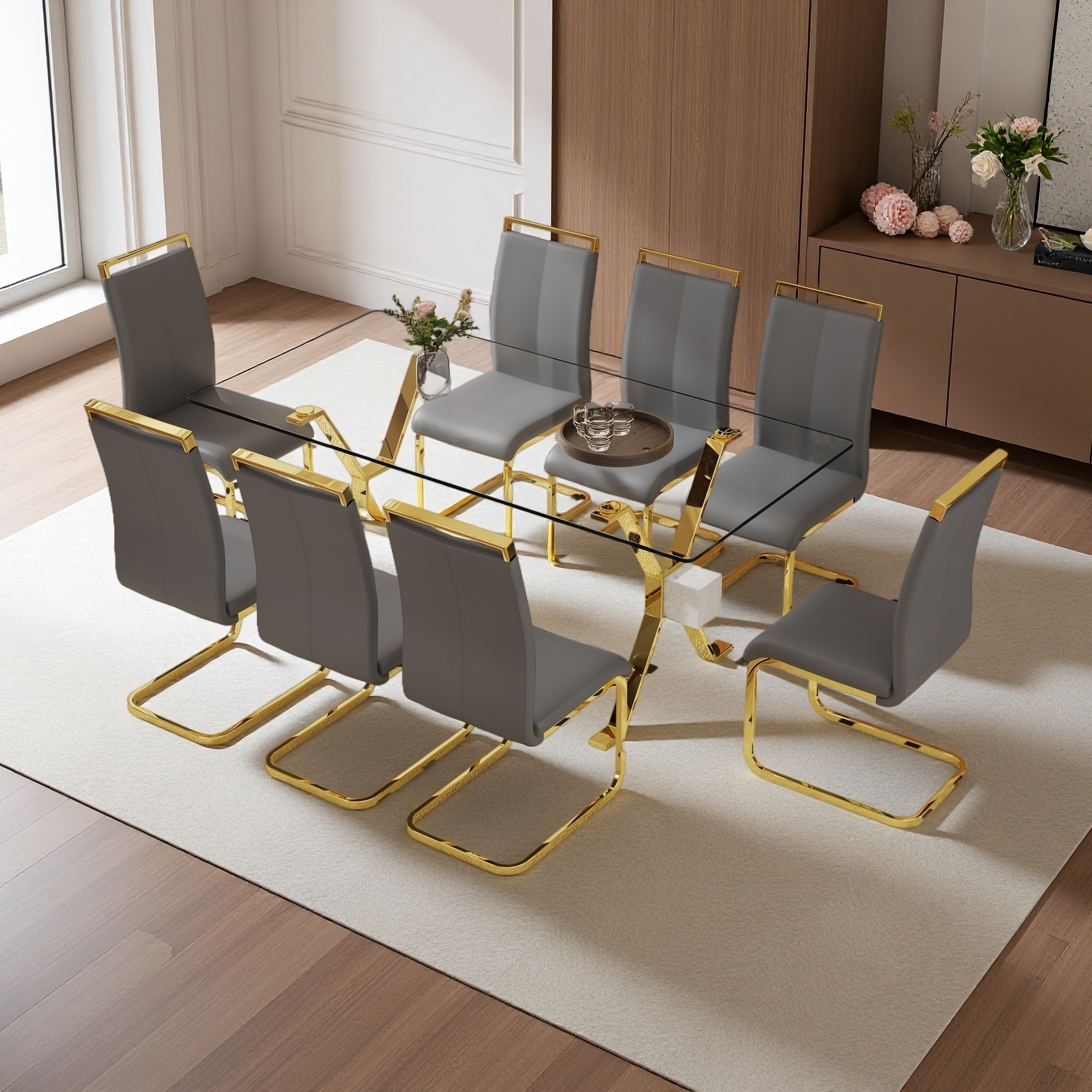 71"x35.4" Transparent Glass Dining Table Set with 8 PU Chairs, C-Tube Metal Legs