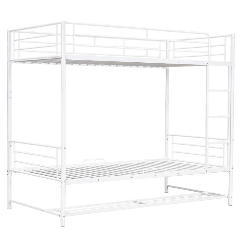 Twin Over Twin Metal Bunk Bed with Shelf and Guardrails
