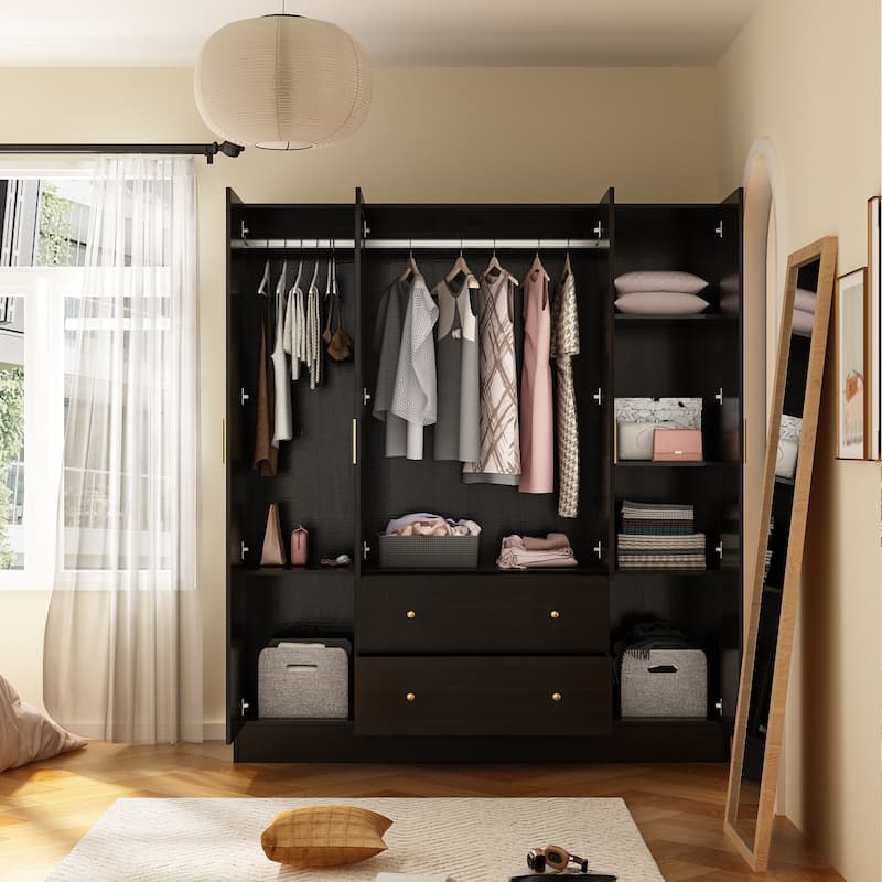 Timechee Wardrobe Armoire Wooden Closet with Mirror 4 Doors 2 Drawers