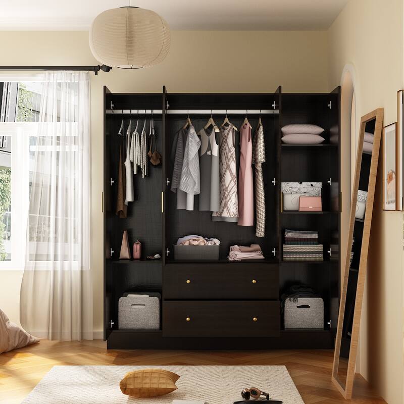 Wardrobe Armoire Wooden Closet with Mirror Storage Cubes Hanging Rod