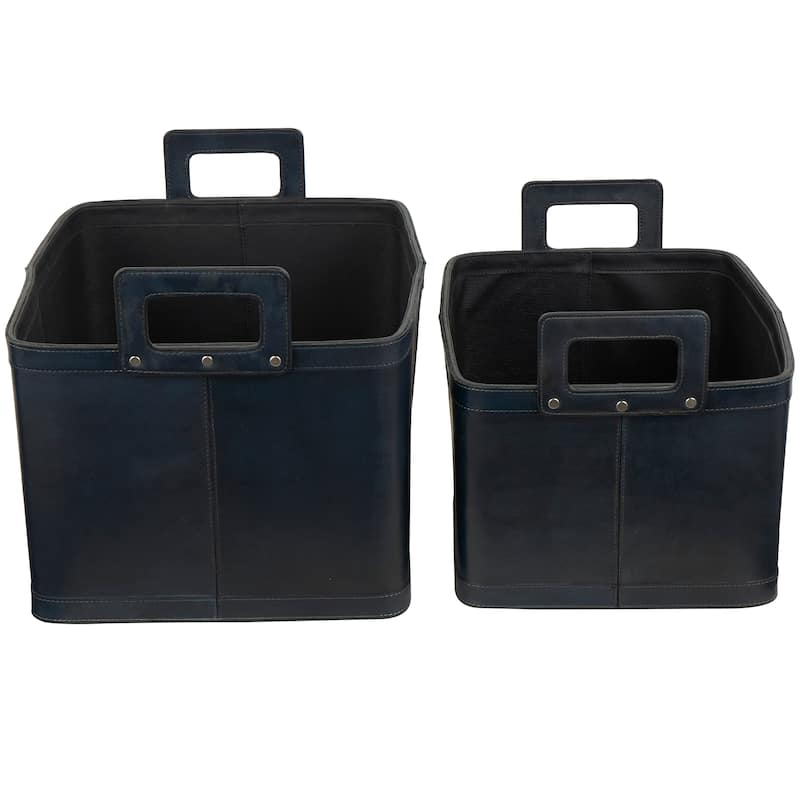 Sleek Leather Modern Storage Basket with Handles (Set of 2) - Dark Blue or Brown